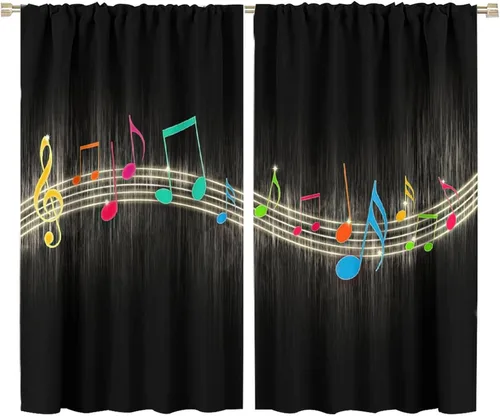 Vista 31 de Cortinas de notas musicales, blanco y negro, instrumento musical, canción, arte de canción, opacas, para ventana, dormitorio, sala de estar