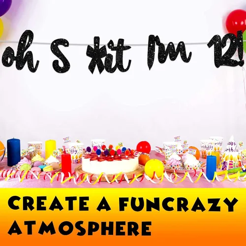 Vista 5 de Oh I'm 12! - Pancarta de fondo con purpurina negra de Hallo Doce Saludos a los 12 años de edad, decoración temática para niños y niñas, fiesta