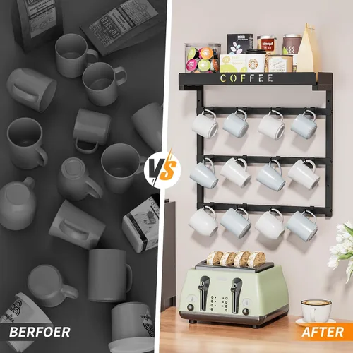 Vista 3 de RCHYFEED Soporte para taza de café montado en la pared, organizador de tazas para exhibición y colección de cocina, soporte de metal para tazas