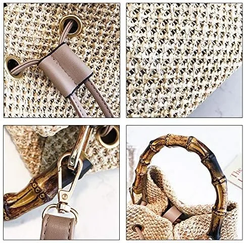 Vista 4 de Youndcc Bolsa de paja tejida para mujer, de ratán, para la playa, tejida a mano, hecha a mano