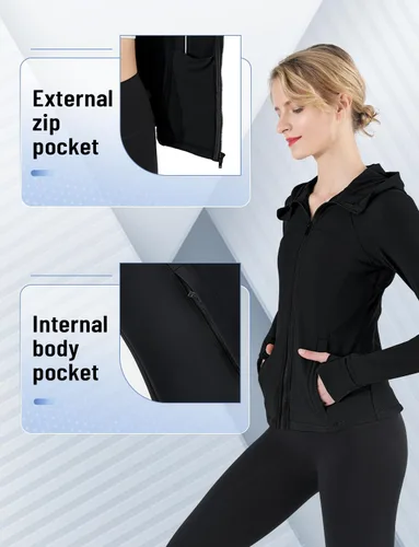 Vista 4 de CHAMWEY Chaquetas para correr para mujer, ajuste delgado, resistente al viento, agujeros para el pulgar, bolsillos con cremallera completa