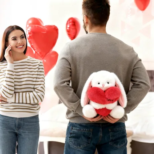 Vista 2 de Ditucu Love Bunny - Peluche de conejo con soporte de corazón rojo de 9.8 pulgadas, lindo conejo de peluche suave, juguetes románticos y dulces