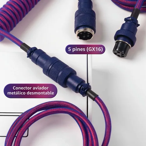 Vista 6 de Keychron Cable morado en ángulo USB-C en espiral premium, conector de metal desmontable GX16 de 5 pines, adaptador USB-A, diseño de doble manga