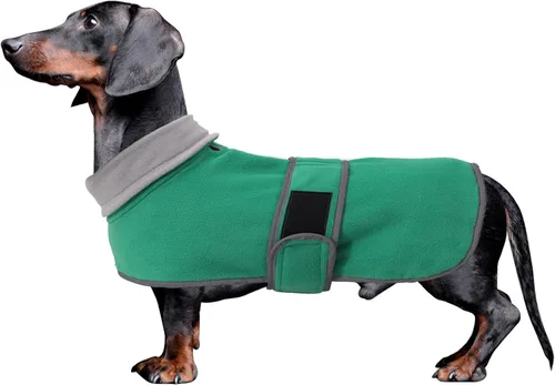 Vista 12 de Abrigos para perros salchicha Morezi de forro polar para invierno, ropa para dachshund miniatura con cierre de gancho y bucle y ribete reflectante