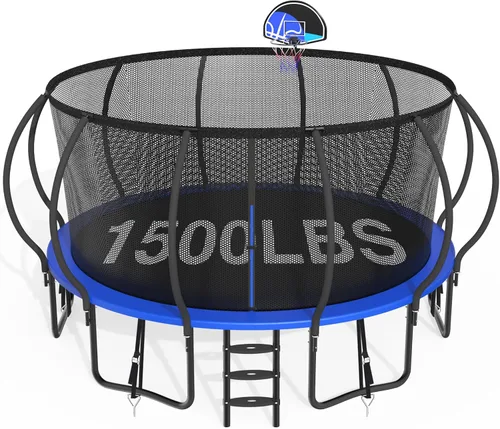 Vista 12 de Trámpolines de 1500 libras 8 10 12 14 15 16 pies para niños y adultos con red de protección, estacas para viento, aro de baloncesto, trámpolines