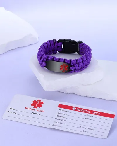 Vista 29 de Pulsera de alerta médica Paracord para hombres y mujeres Pulsera de identificación médica de acero inoxidable con hebillas de liberación lateral