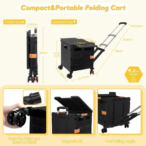 Vista 4 de Carrito plegable con ruedas giratorias, tapa magnética extendida, mango telescópico, ángulo ajustable para transportes, comestibles, oficina Negro