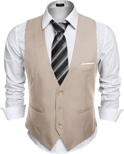 Vista 4 de COOFANDY Chaleco de traje de negocios casual para hombre, ajustado, a la cintura, formal