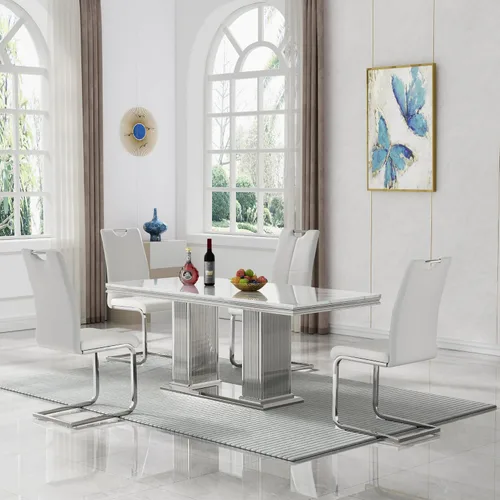 Vista 61 de 5 Piece Black Marble Dining Table Set for 4, Modern Faux Marble Kitchen Dining Room Tables with 4 Leather Chairs Set, 68.11" Luxury Rectangular
