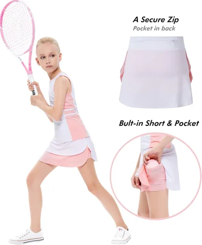 Vista 2 de Traje de golf y tenis para niños y niñas, vestido sin mangas, camiseta sin mangas, pantalones deportivos, con bolsillos cortos, 3-12 años