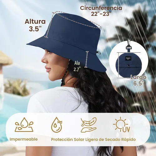 Vista 5 de Packable Bucket Hat for Women Waterproof UV Protection Sun Hat Azul marino