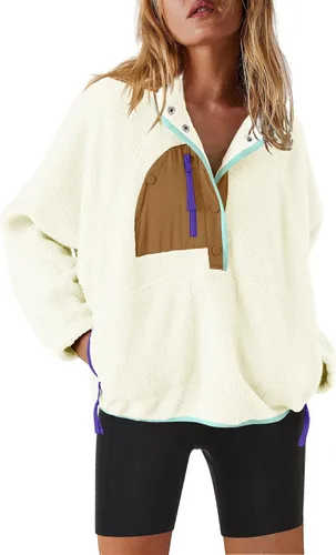 Vista 24 de Nirovien - Chaqueta de forro polar con capucha para mujer, manga larga, sherpa, sudadera mullida, abrigada, con botones y bolsillos Un rosa