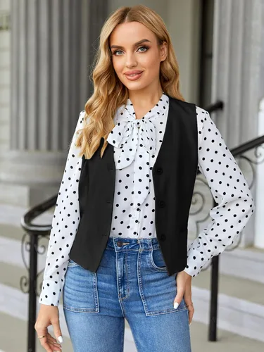 Vista 5 de GAMISOTE Chaleco con botones para mujer, estilo vintage, sin mangas, cuello en V, elástico, de gasa, chaleco