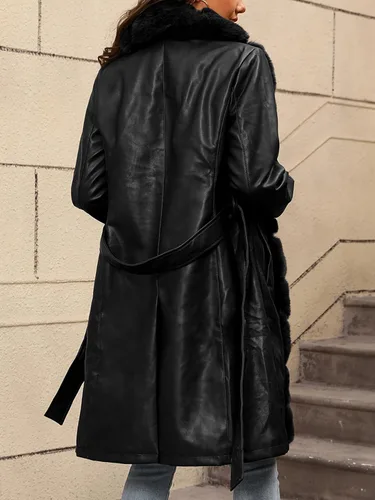 Vista 2 de Bellivera Women's Faux Leather Jacket Furry Trim Parka Coat Negro
