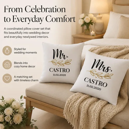 Vista 4 de Elegante juego de 2 fundas de almohada de lino blanco de Mr & Mrs personalizadas, regalos de boda, despedida de soltera, día de San Valentín