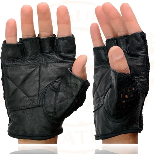 Vista 5 de Milwaukee Leather SH219 Men’s Black Leather and Mesh Fingerless Gloves with Padded Palm Negro