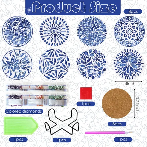 Vista 2 de YLOLUL Juego de 8 posavasos de diamante con soporte, posavasos de diamante de acuarela azul para principiantes, adultos y niños, suministros