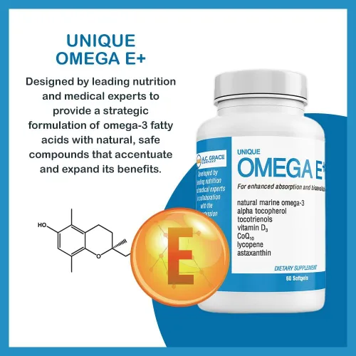 Vista 2 de UNIQUE E A.C. Grace Company Omega E+ - Suplemento de aceite de pescado - con ácidos grasos omega-3 marinos, vitamina E, vitamina D3 y CoQ10 - Ayuda