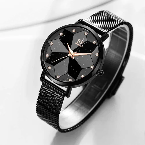 Vista 2 de SK Shengke - Reloj ultra delgado de creativo diseño minimalista floral o de cielo estrellado con extensibles de piel genuina o acero