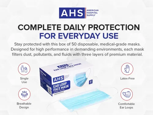 Vista 5 de American Hospital Supply (AHS) - Mascarillas desechables para las orejas, color azul, cobertura facial para adultos, mascarillas desechables de 3