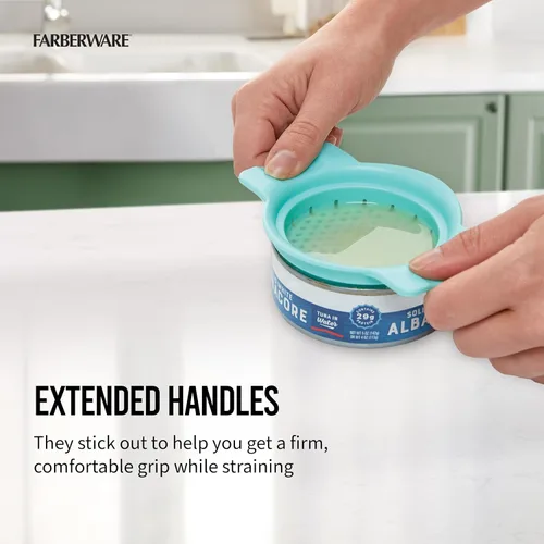 Vista 4 de Farberware Colador y colador de latas clásico, Aqua Sky, colador de tapa a presión para atún, verduras enlatadas, pasta, frutas, se adapta a latas