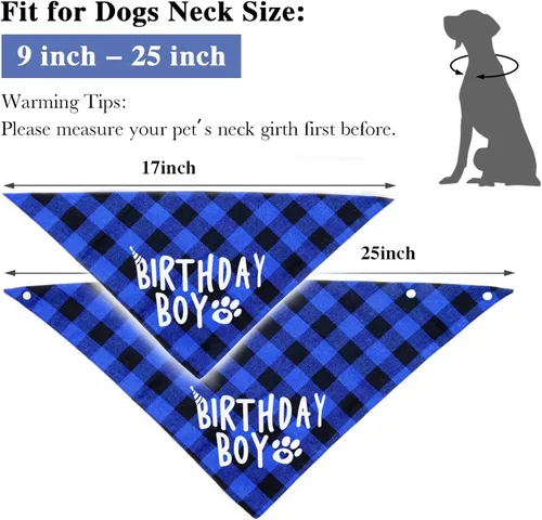 Vista 3 de AnF Bandana de Cumpleaños a Cuadros para Perro y Pañuelo Triangular para Perro - Algodón Suave, Doble Capa, Bandanas Lavables con Botón Ajustable