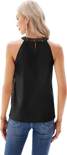Vista 3 de GRACE KARIN Camiseta sin mangas con cuello halter de lentejuelas para mujer, camisola elegante y brillante, para fiesta, club, cóctel, chaleco