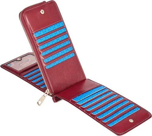 Vista 2 de FOXLOVER Portatarjetas de crédito múltiples para mujer, con bloqueo RFID, cartera de cuero para mujer con bolsillo con cremallera, rojo vino