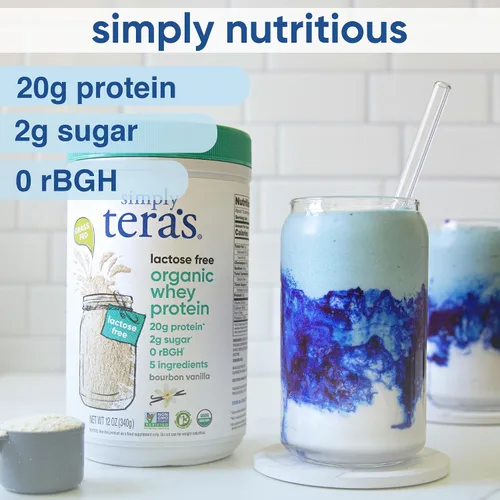 Vista 3 de simply tera's Polvo de proteína de suero orgánico sin lactosa, sin lactosa, vainilla, 0.71 oz de proteína por porción, sin OMG, sin gluten, sin
