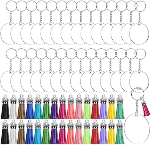 Vista 6 de Llavero de acrílico en blanco, 120 llaveros transparentes que incluyen 30 piezas en blanco acrílico, 30 borlas para llavero, 30 anillos para llavero