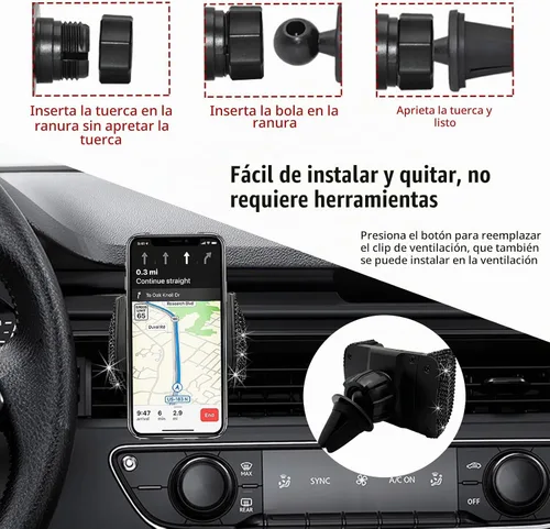 Vista 5 de Bling Soporte de Teléfono para Coche, Soporte de Teléfono Ajustable en 360 Grados de Cristal para Salpicadero y Ventilación de Coche, Soporte Negro