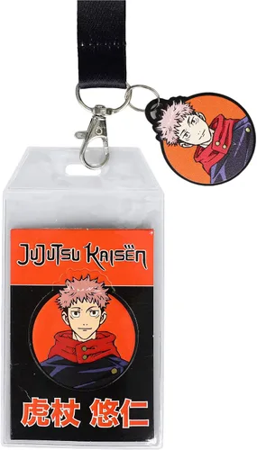 Vista 2 de Jujutsu Kaisen - Cordón naranja con funda transparente para identificación y llavero