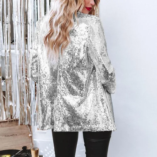 Vista 3 de Women Sequins Jackets Open Front Blazer Jacket Trendy Long Sleeve Sparkly Glitter Cardigan Suit Coat with Pockets
