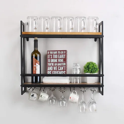 Vista 9 de MBQQ Estantes de vino rústicos montados en la pared con soporte para vidrio de 6 vástagos, estante de vino industrial de metal de 23.6 pulgadas