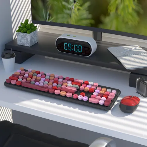 Vista 2 de UBOTIE Teclado inalámbrico colorido para computadora y mouse óptico, teclas flexibles, teclado de tamaño completo de oficina, conexión sin