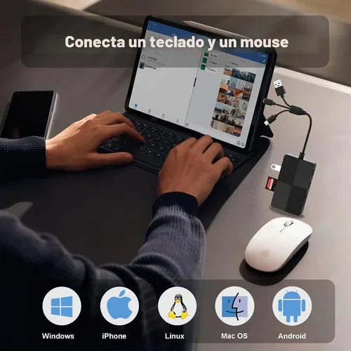Vista 5 de Lector de tarjetas de memoria 8 en 1 con 3 puertos USB, adaptador Lightning/USB-C/USB-A para iPhone/Android/PC/Mac, compatible con tarjetas