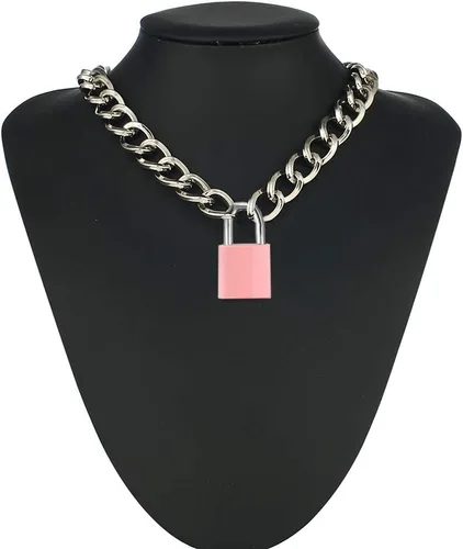 Vista 3 de Collar con candado de corazón, collar de metal con candado, gargantilla para hombres y mujeres con cerradura y llave A1