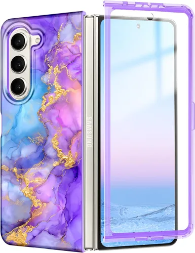 Vista 35 de Btscase Funda para Samsung Galaxy Z Fold 5, protector de pantalla frontal integrado, patrón de mármol dorado con purpurina de policarbonato duro