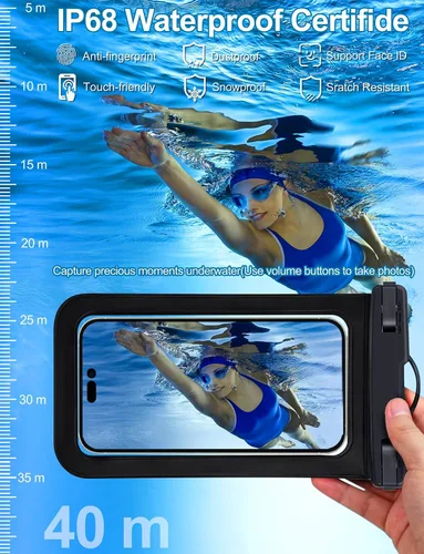 Vista 4 de Paquete de 5 bolsas impermeables universales para teléfono de hasta 8.3 pulgadas, bolsa seca impermeable para teléfono, nivel de protección: IP68