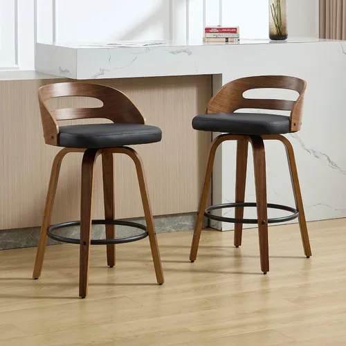 Vista 7 de VipDesk Taburetes de bar giratorios, Taburetes de bar de altura de mostrador de nogal con respaldo y brazos, Taburetes de bar tapizados modernos