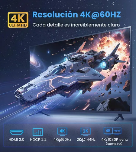 Vista 5 de Divisor HDMI 4K @60Hz 1 en 2 salidas para TV y barra de sonido con cable HDMI de 4 pies, derivación HDCP 2.2, divisor de audio HDMI compatible