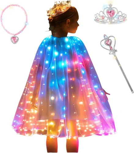 Vista 7 de Capa de princesa con luz LED para niñas con corona y cetro resplandeciente