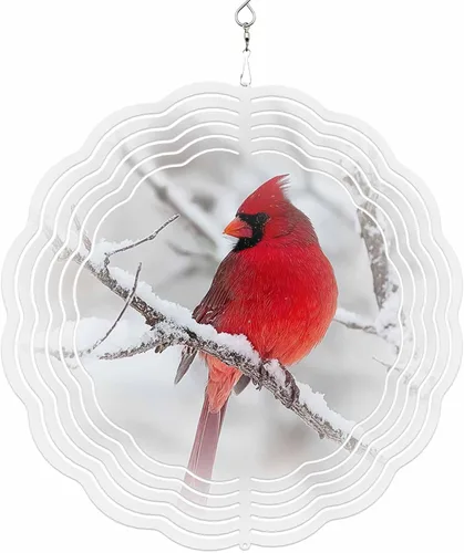 Vista 7 de Molinillos de viento para patio y jardín, cardenales rojos de Navidad, esculturas de viento de metal 3D, para colgar en invierno, nieve, acero