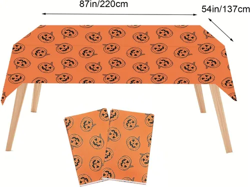 Vista 2 de Halloween Tablecloth - 2pcs 86x54in Disposable Paper Table Covers Spill-Proof Table Decorations, Cute Orange Pumpkin Rectangle Tablecloth for