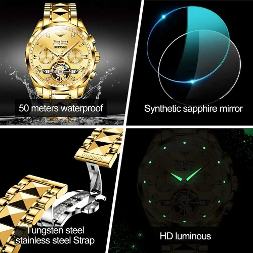 Vista 5 de OUPINKE - Reloj automático para hombre, diseño de esqueleto de diamante mecánico de cuerda automática, lujo, reloj de pulsera de cristal de zafiro