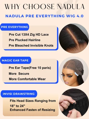 Vista 5 de Nadula - Peluca Yaki de encaje frontal lacio color castaño ombre con cabello humano 13x4 HD, pre arrancada, sin pegamento, con cordón elástico