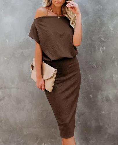 Vista 2 de Ezbelle Vestido por debajo de la rodilla, ajustado, para mujer, con hombro descubierto y manga corta, vestido acanalado informal y de fiesta