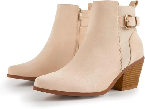 Vista 4 de TINSTREE Botines de punta para mujer, con botones y hebilla, para decoración de tacón grueso apilado, botines de moda con cremallera lateral, piel
