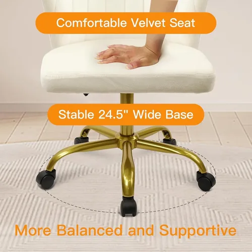 Vista 5 de CLATINA Silla de escritorio de oficina en casa, sillas de tocador de terciopelo, base dorada, ergonómica, pequeña, bonita, altura ajustable