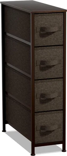Vista 14 de Sorbus Cómoda estrecha con 4 cajones - cómoda de almacenamiento vertical delgada con marco de acero, parte superior de madera y contenedores de tela